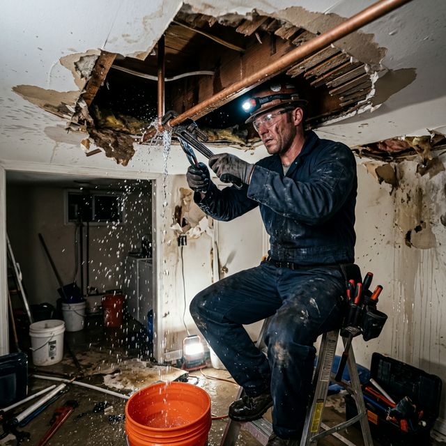 Emergency plumbing repair — burst pipe being fixed by Finflo Limited